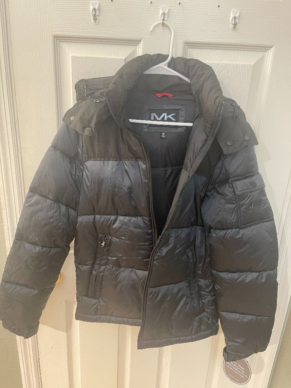 Michael Kors MK Travel Engineered Puffer Jacket Black Gray Hooded XS NWT